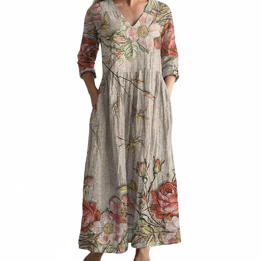 Dames Maxi Jurk met V-hals en Driekwart Mouw Bloemenprint