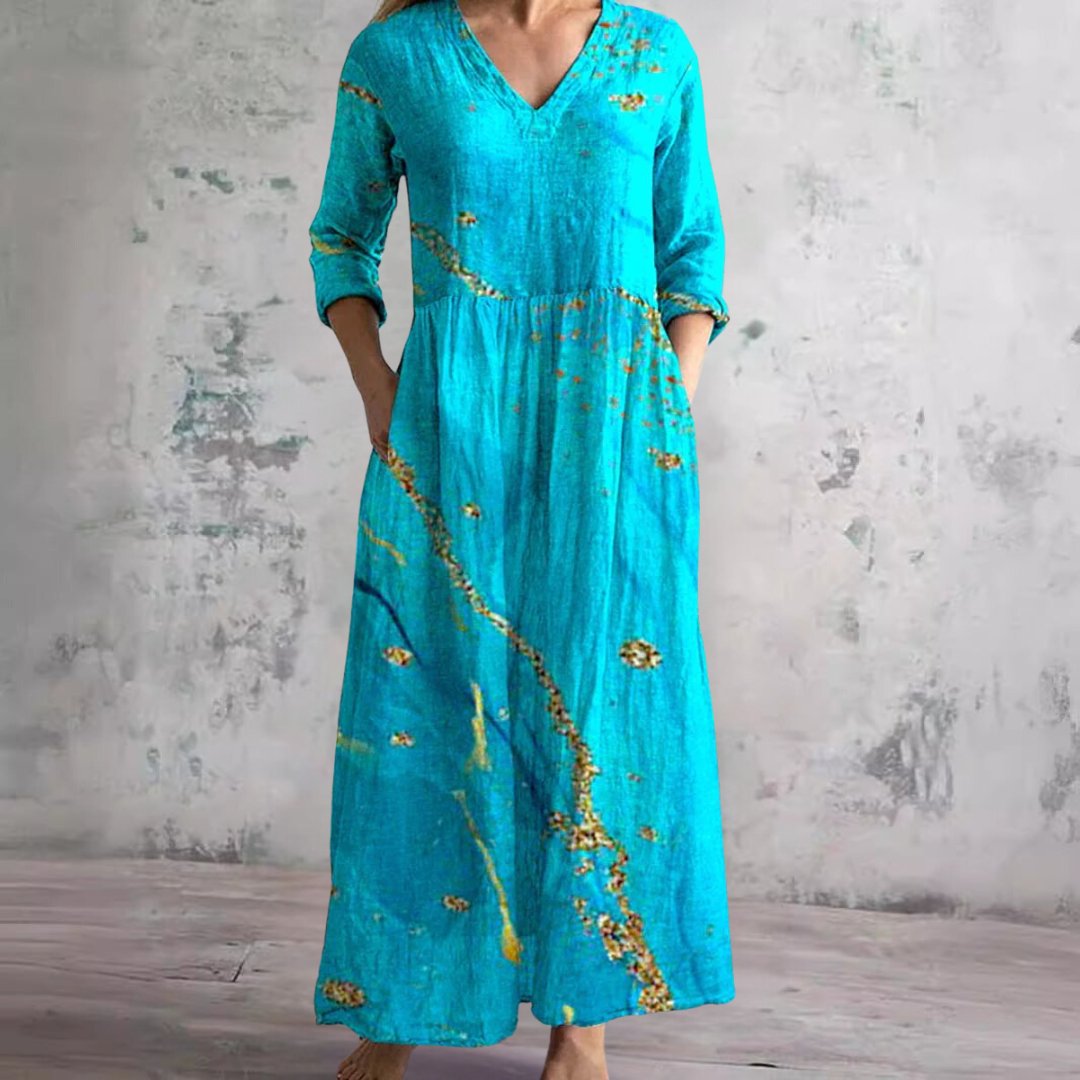 Dames Maxi Jurk met V-hals en Driekwart Mouw Bloemenprint Turquoise