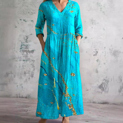 Dames Maxi Jurk met V-hals en Driekwart Mouw Bloemenprint Turquoise