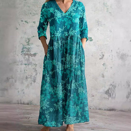Dames Maxi Jurk met V-hals en Driekwart Mouw Bloemenprint Blauwgroen