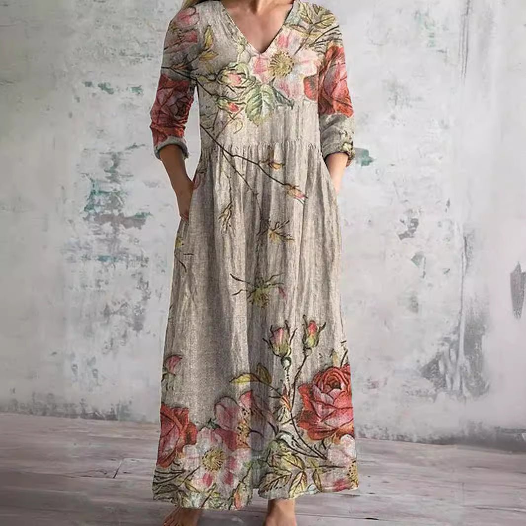Dames Maxi Jurk met V-hals en Driekwart Mouw Bloemenprint Beige