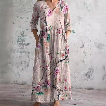 Dames Maxi Jurk met V-hals en Driekwart Mouw Bloemenprint Roze