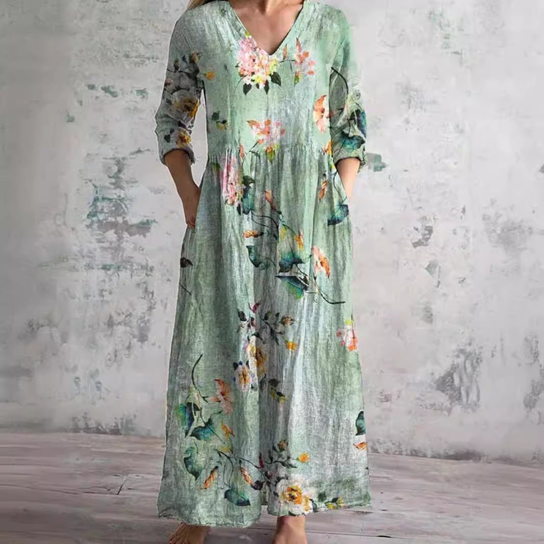 Dames Maxi Jurk met V-hals en Driekwart Mouw Bloemenprint Mintgroen