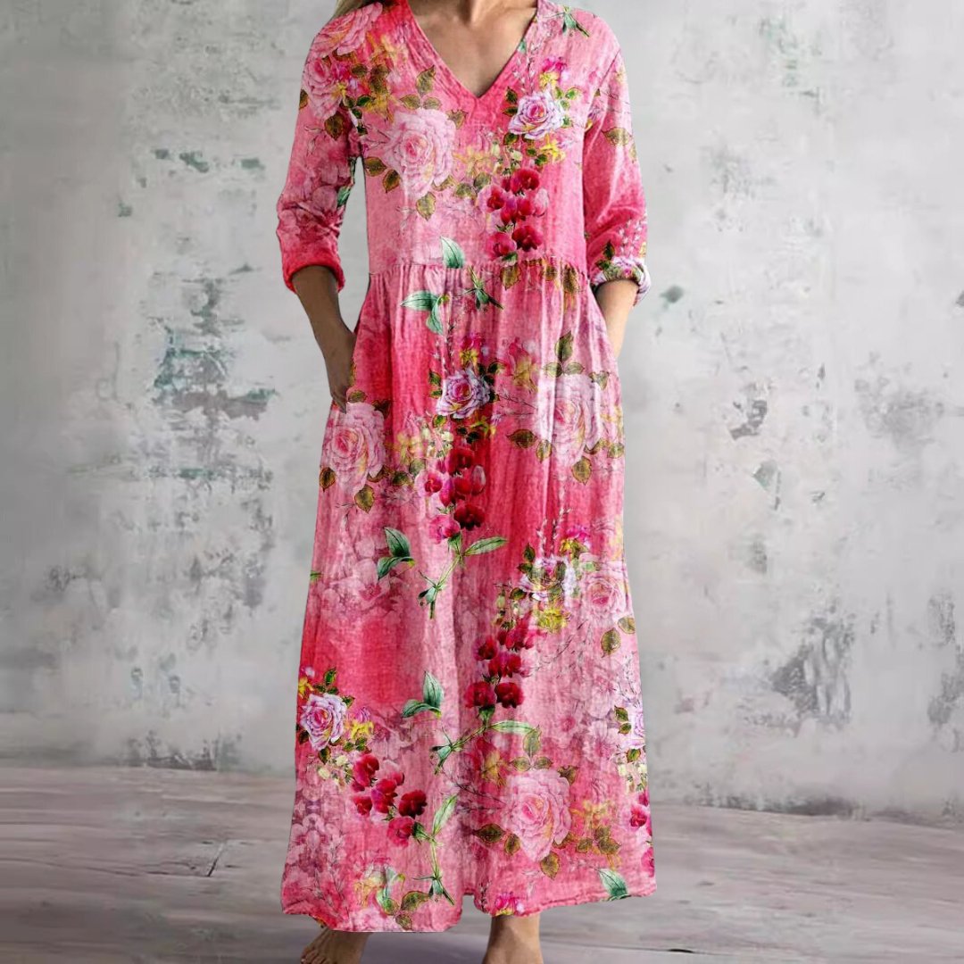 Dames Maxi Jurk met V-hals en Driekwart Mouw Bloemenprint Fuchsia