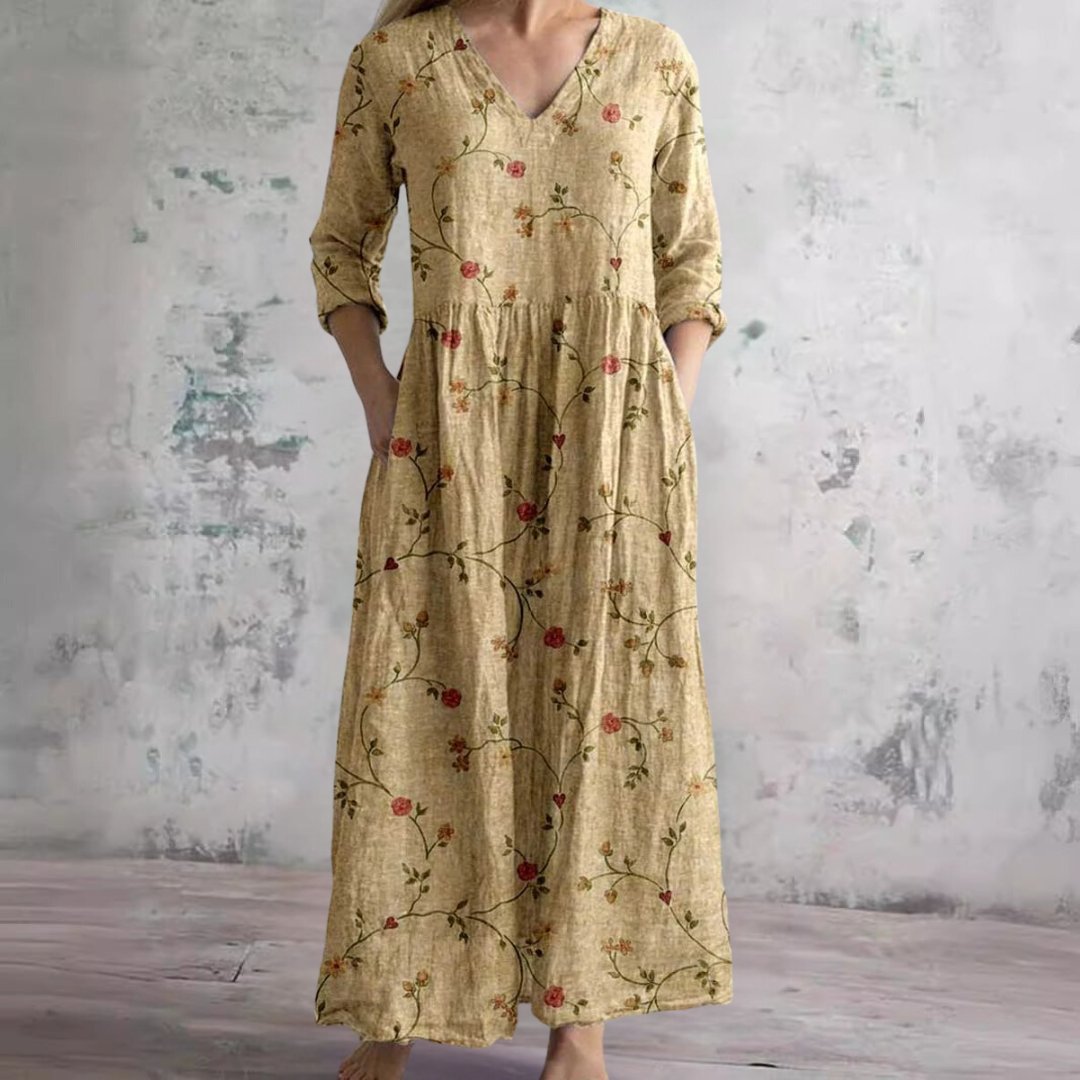 Dames Maxi Jurk met V-hals en Driekwart Mouw Bloemenprint Geel