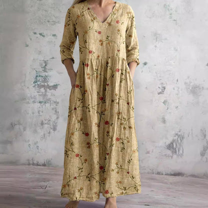 Dames Maxi Jurk met V-hals en Driekwart Mouw Bloemenprint Geel