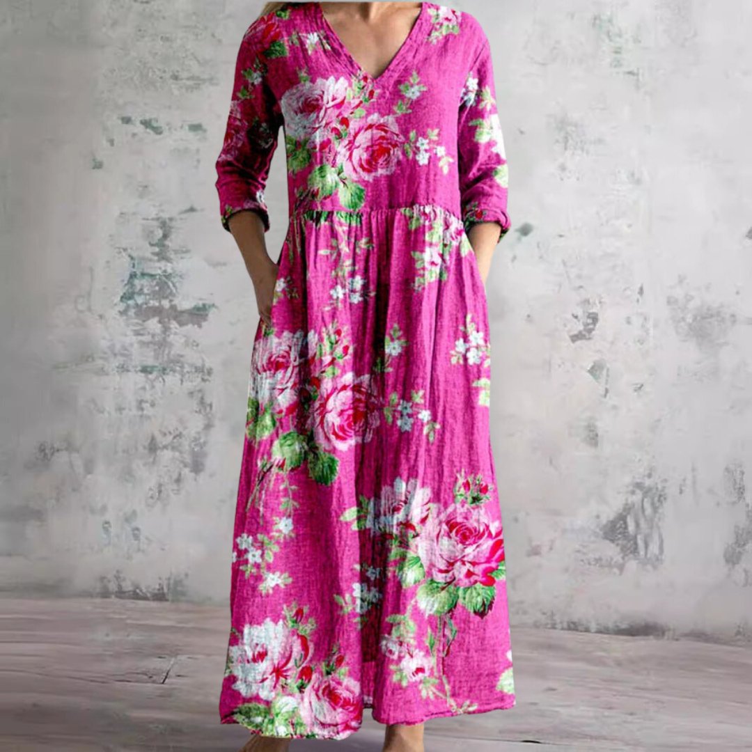 Dames Maxi Jurk met V-hals en Driekwart Mouw Bloemenprint Koraalroze