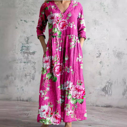 Dames Maxi Jurk met V-hals en Driekwart Mouw Bloemenprint Koraalroze