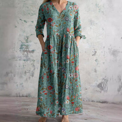 Dames Maxi Jurk met V-hals en Driekwart Mouw Bloemenprint Groen