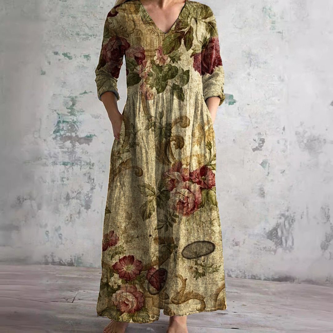 Dames Maxi Jurk met V-hals en Driekwart Mouw Bloemenprint Donkerbeige