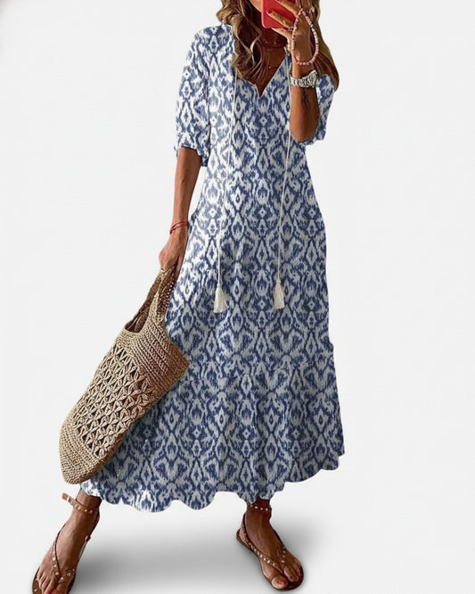 Dames Maxi Jurk met V-hals en Korte Mouw Boho Print