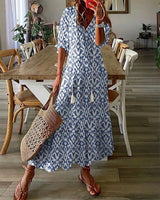 Dames Maxi Jurk met V-hals en Korte Mouw Boho Print