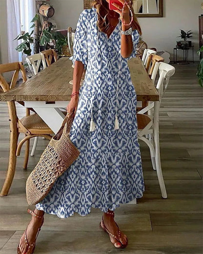Dames Maxi Jurk met V-hals en Korte Mouw Boho Print Blauw