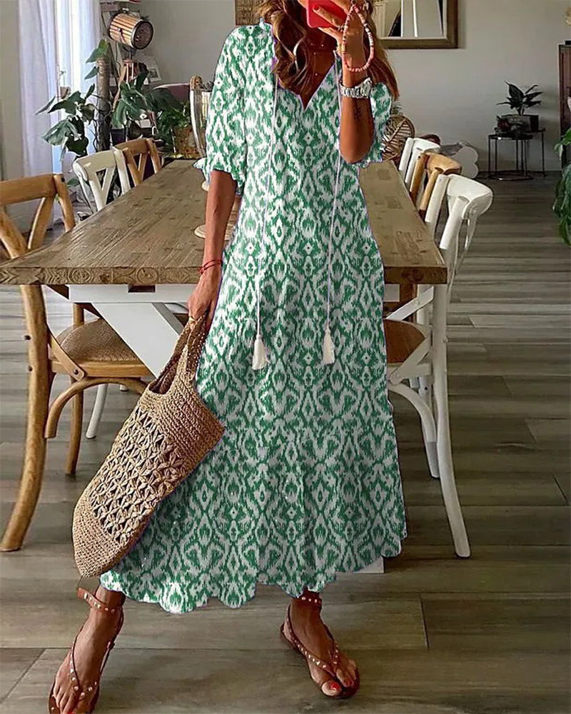 Dames Maxi Jurk met V-hals en Korte Mouw Boho Print Groen