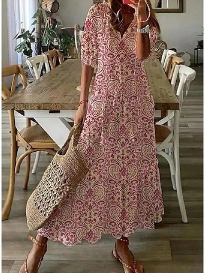 Dames Maxi Jurk met V-hals en Korte Mouw Boho Print Rood