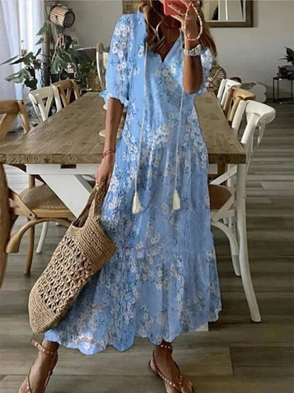 Dames Maxi Jurk met V-hals en Korte Mouw Boho Print Lichtblauw