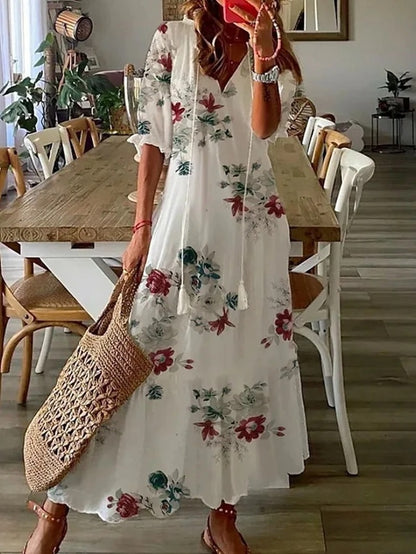 Dames Maxi Jurk met V-hals en Korte Mouw Boho Print Bloemenprint