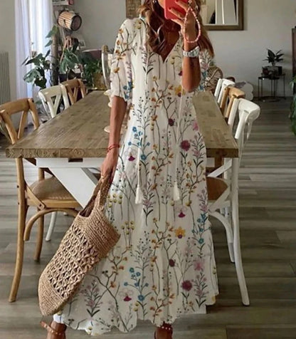Dames Maxi Jurk met V-hals en Korte Mouw Boho Print Wit