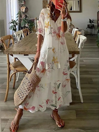 Dames Maxi Jurk met V-hals en Korte Mouw Boho Print Bloemenprint Wit