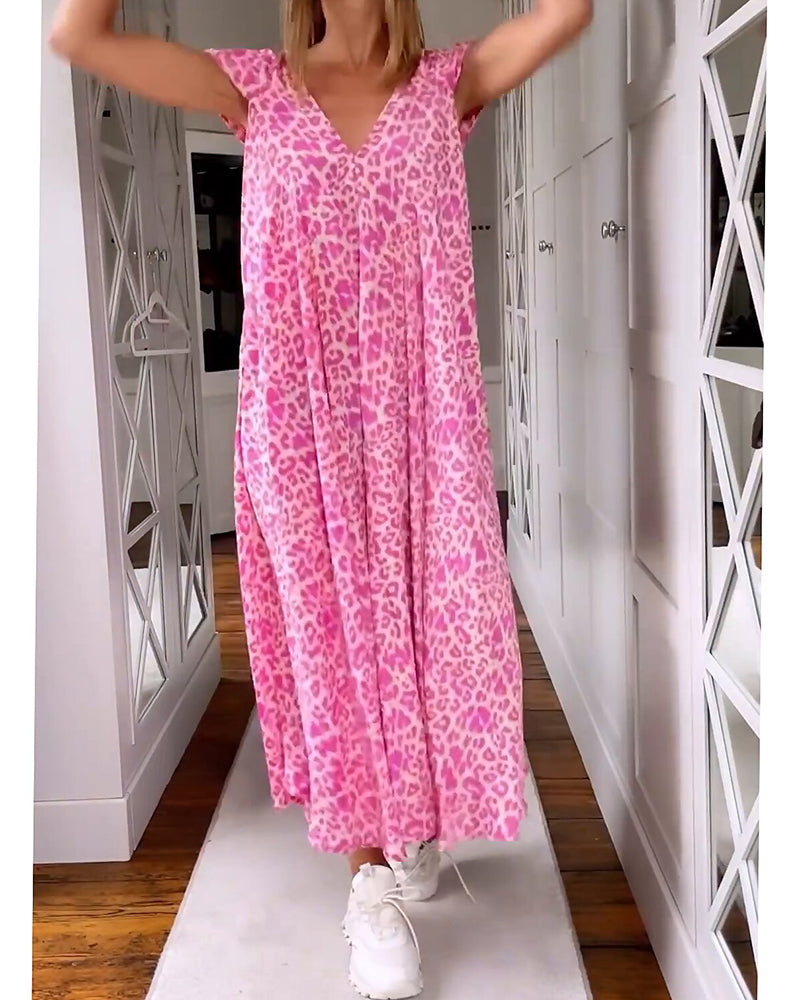 Dames Maxi Jurk met V-hals en Luipaardprint Korte Mouw met Zakken