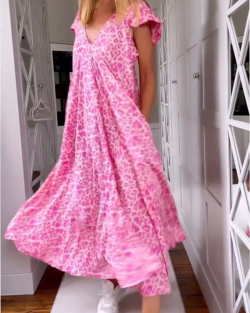 Dames Maxi Jurk met V-hals en Luipaardprint Korte Mouw met Zakken