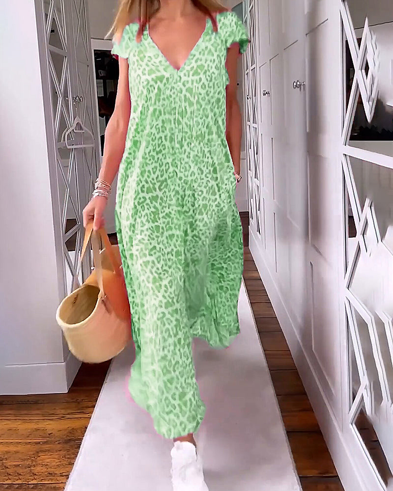 Dames Maxi Jurk met V-hals en Luipaardprint Korte Mouw met Zakken Groen