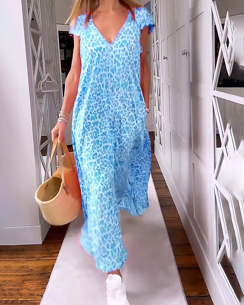 Dames Maxi Jurk met V-hals en Luipaardprint Korte Mouw met Zakken Blauw