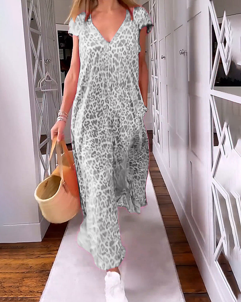 Dames Maxi Jurk met V-hals en Luipaardprint Korte Mouw met Zakken Grijs