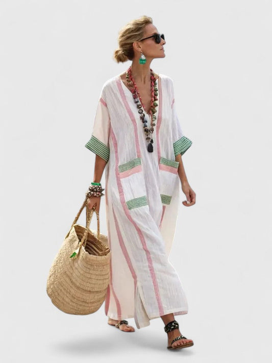 Dames Maxi Jurk met V-hals en Oversized Pasvorm met Gestreept Dessin en Zakken Wit Lichtroze