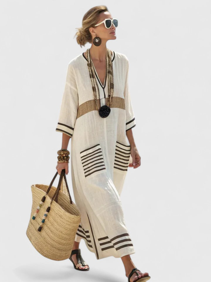 Dames Maxi Jurk met V-hals en Oversized Pasvorm met Gestreept Dessin en Zakken