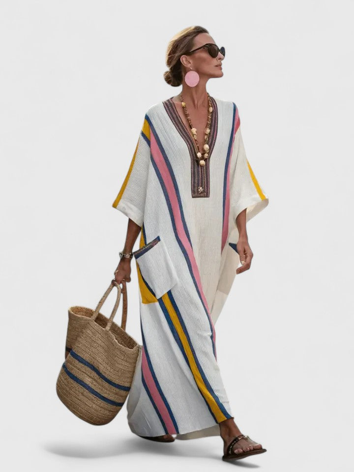 Dames Maxi Jurk met V-hals en Oversized Pasvorm met Gestreept Dessin en Zakken Wit Roze