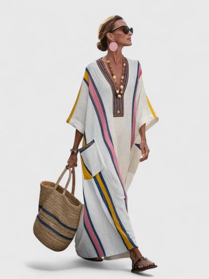 Dames Maxi Jurk met V-hals en Oversized Pasvorm met Gestreept Dessin en Zakken Wit Roze
