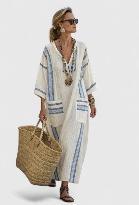 Dames Maxi Jurk met V-hals en Oversized Pasvorm met Gestreept Dessin en Zakken Beige Blauw