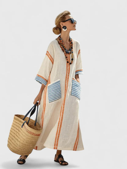 Dames Maxi Jurk met V-hals en Oversized Pasvorm met Gestreept Dessin en Zakken