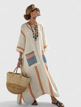 Dames Maxi Jurk met V-hals en Oversized Pasvorm met Gestreept Dessin en Zakken