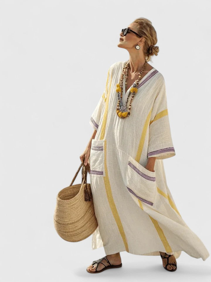 Dames Maxi Jurk met V-hals en Oversized Pasvorm met Gestreept Dessin en Zakken Beige Geel
