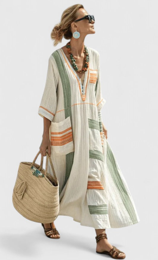 Dames Maxi Jurk met V-hals en Oversized Pasvorm met Gestreept Dessin en Zakken
