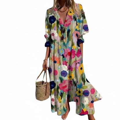 Dames Maxi Jurk met V-hals, Lange Mouwen en Bloemenprint