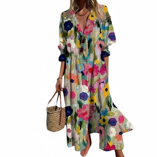Dames Maxi Jurk met V-hals, Lange Mouwen en Bloemenprint