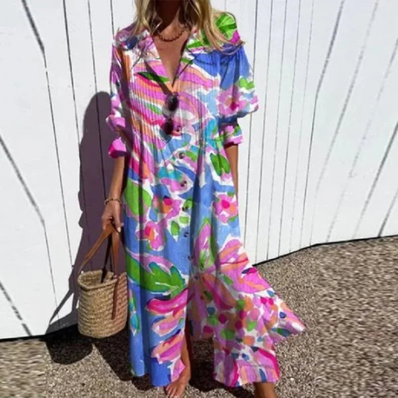 Dames Maxi Jurk met V-hals, Lange Mouwen en Bloemenprint Roze