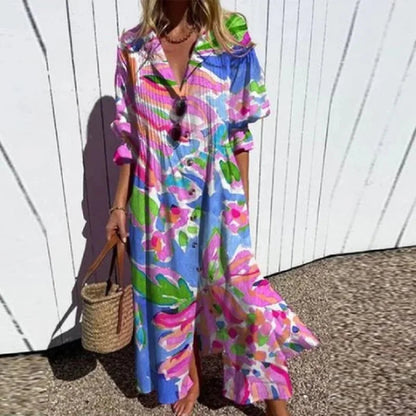 Dames Maxi Jurk met V-hals, Lange Mouwen en Bloemenprint Roze
