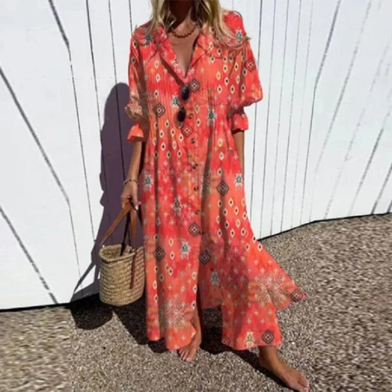 Dames Maxi Jurk met V-hals, Lange Mouwen en Bloemenprint Rood