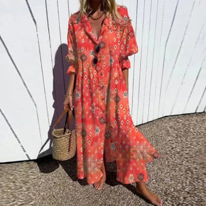 Dames Maxi Jurk met V-hals, Lange Mouwen en Bloemenprint Rood
