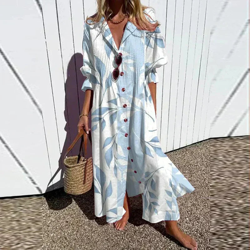Dames Maxi Jurk met V-hals, Lange Mouwen en Bloemenprint Lichtblauw