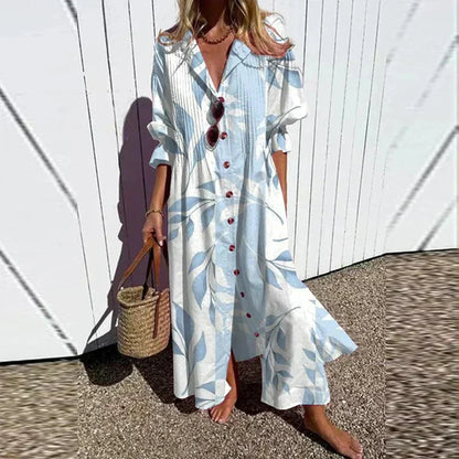 Dames Maxi Jurk met V-hals, Lange Mouwen en Bloemenprint Lichtblauw