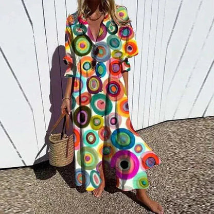 Dames Maxi Jurk met V-hals, Lange Mouwen en Bloemenprint Oranje Geel Groen