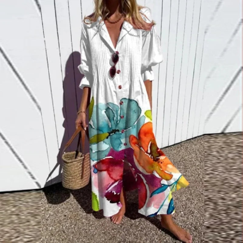 Dames Maxi Jurk met V-hals, Lange Mouwen en Bloemenprint Wit