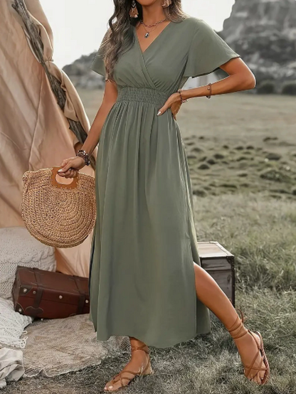 Dames Maxi Jurk met V-hals, Overslag en Elastische Taille met Zijsplit