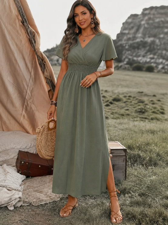 Dames Maxi Jurk met V-hals, Overslag en Elastische Taille met Zijsplit Olijfgroen