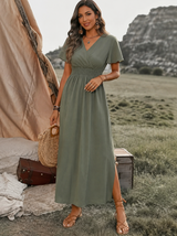 Dames Maxi Jurk met V-hals, Overslag en Elastische Taille met Zijsplit